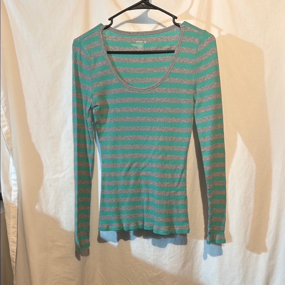 Old Navy Teal and Gray Striped Blouse
